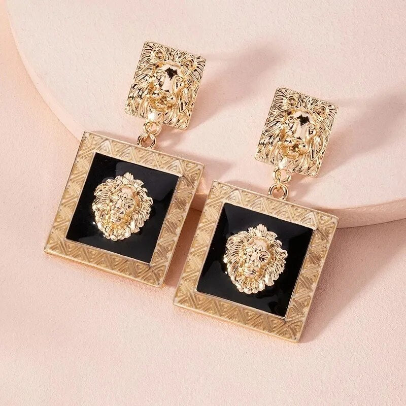 Metal Big Dangle Drop Earring Geometric Enamel Square Simple Lion Head Dangle Earring For Woman Party Jewelry Gifts