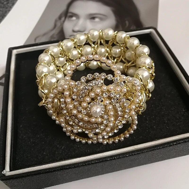 Luxury Handmade Elastic Pearl Crystal Camellia Flower Bangle Bracelet