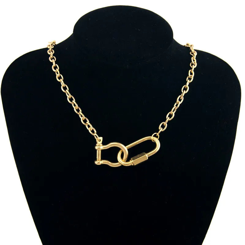 Hiphop rock necklace for Women Men Stainless steel Heavy Cable chain shackle carabiner snap hook pendant U clasp Fashion choker