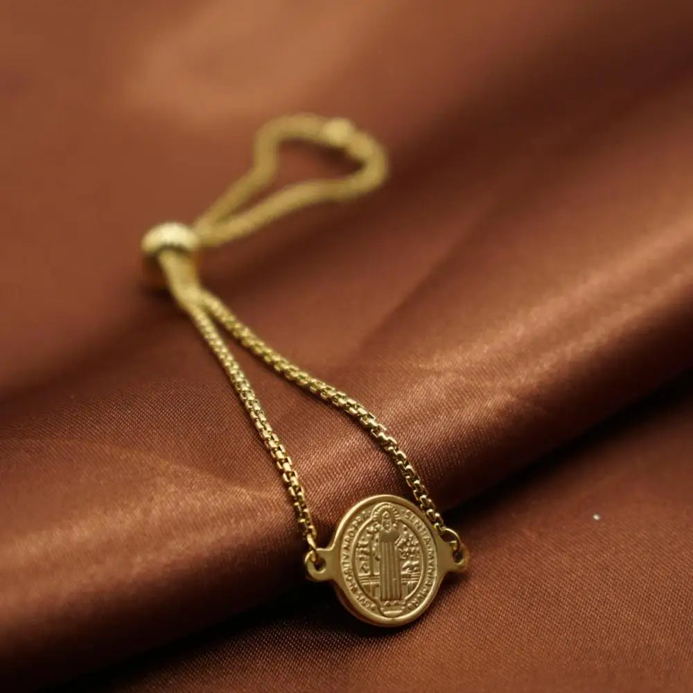 Stainless Steel St Benedict Medal Bracelet Metal San Benito Bracelet Adjustable Box Chain Bohemia Bracelet