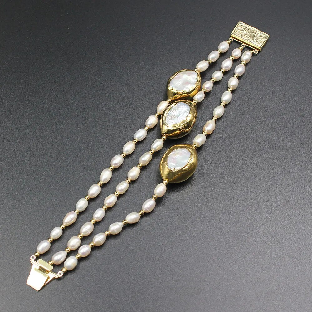 3 Strands Rice Freshwater Pearl White Pearl Bracelet Handmade Classic Wedding For Women