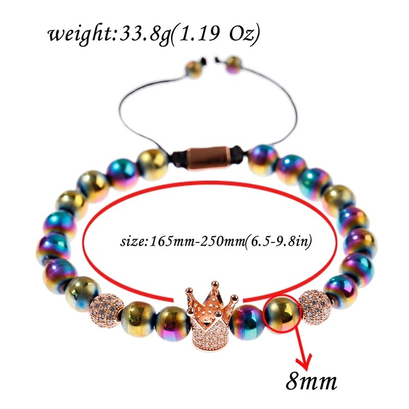 Luxury Colorful Hematite Crown Copper Bracelet Men Fashion Handmade White Zircon Beads Bracelet For Women Dropshipping