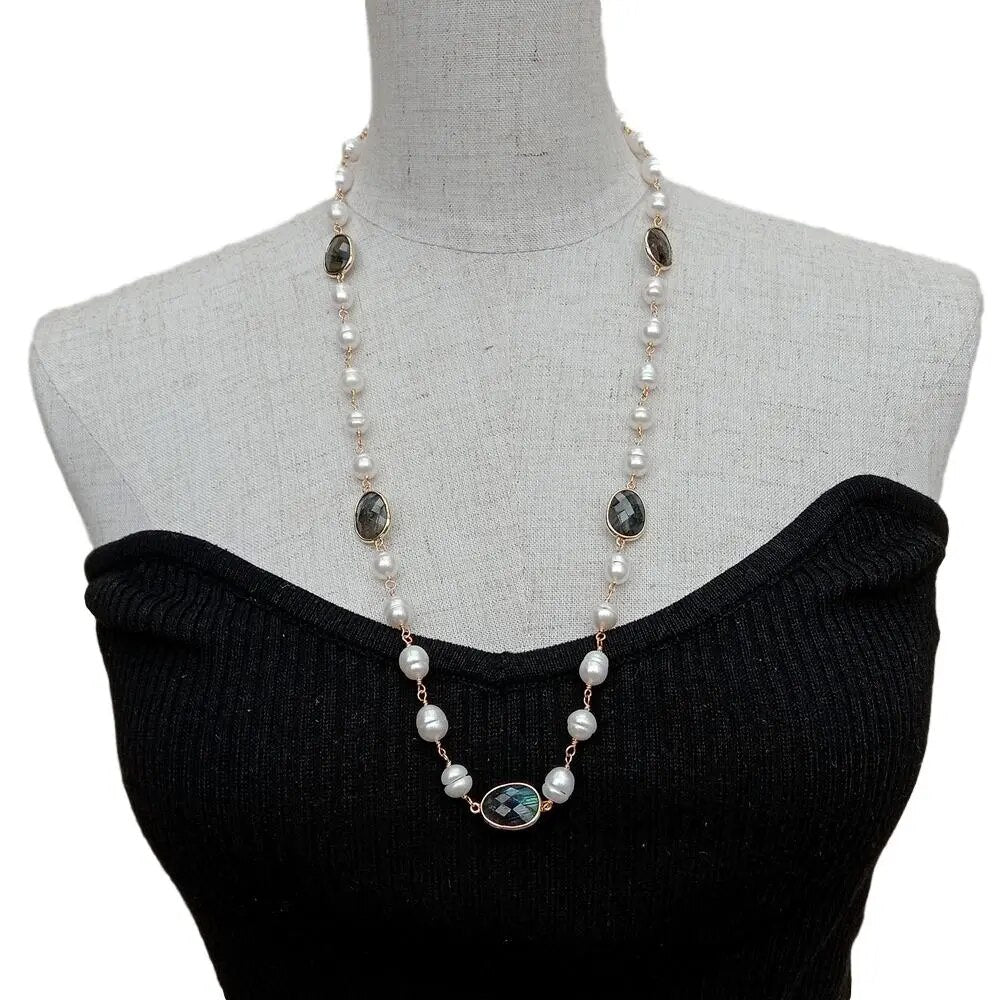 natural White Rice freshwater Pearl Rosary Chain Pear Set sweater chain Wrap Necklace