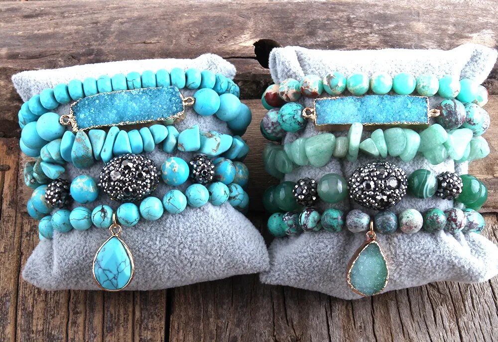 RH New Designer Fashion Red Beaded Natural Stone Druzy Drop Charms 5pc Bracelets Sets For Women Jewelry DropShip