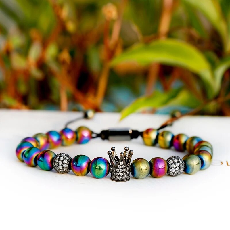 Luxury Colorful Hematite Crown Copper Bracelet Men Fashion Handmade White Zircon Beads Bracelet For Women Dropshipping