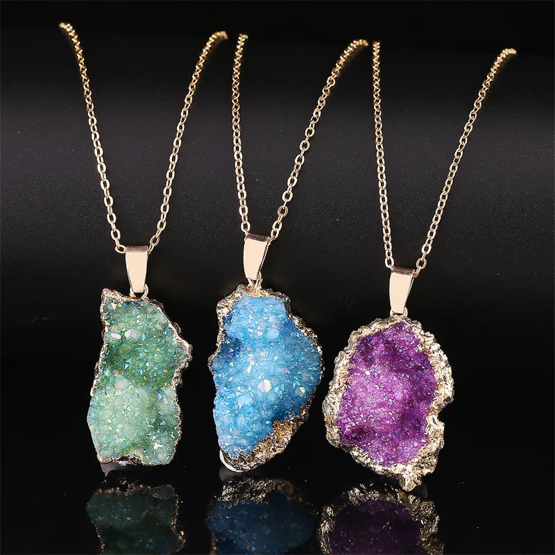 Reiki Healing Crystal Stone Pendant Necklace Irregular Natural Rainbow Stone Necklaces for Women