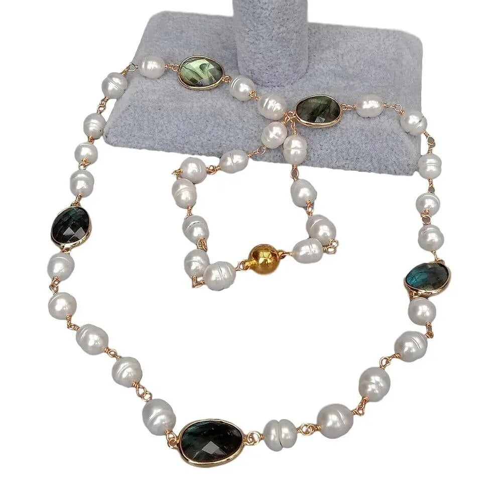 natural White Rice freshwater Pearl Rosary Chain Pear Set sweater chain Wrap Necklace