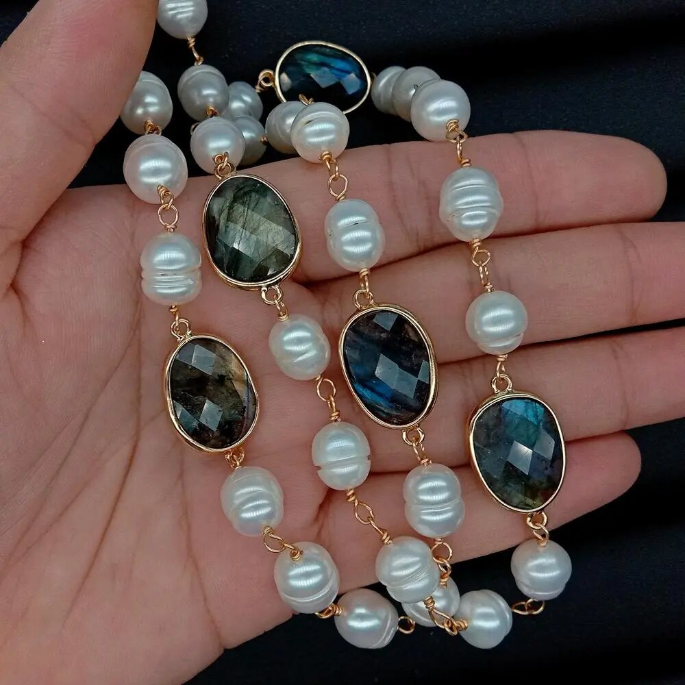 natural White Rice freshwater Pearl Rosary Chain Pear Set sweater chain Wrap Necklace