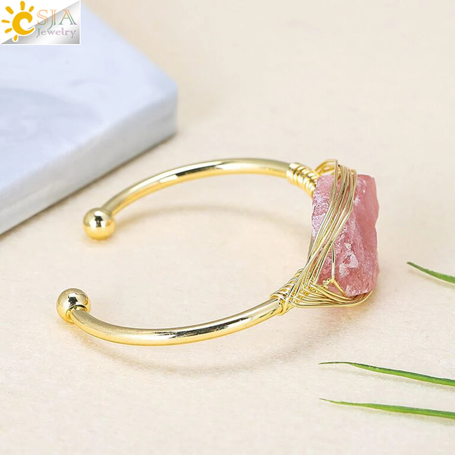 CSJA Gem Stone Open Cuffs Bracelets Crystals Natural Stones Bangles Gold Color Wire Wrap Bracelet for Friend Bijoux Femme G866
