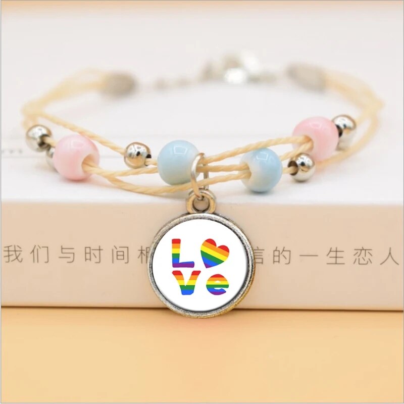 LGBT Lesbian Pride Rainbow Glass Dome Cabochon Pendants Bracelet Jewelry Multilayer Colorful Ceramic Beads Bracelets Accessories