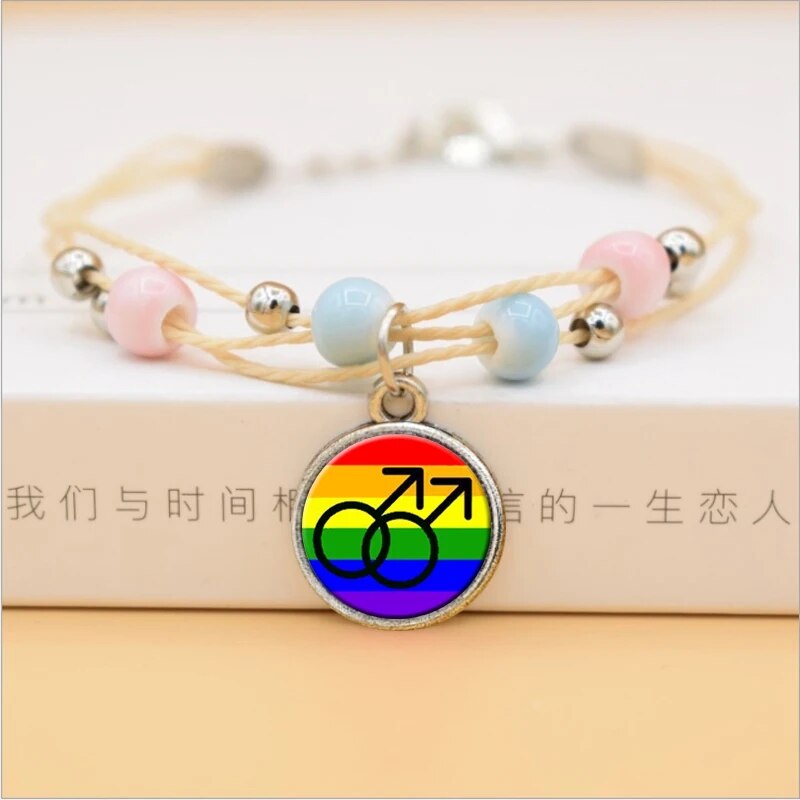 LGBT Lesbian Pride Rainbow Glass Dome Cabochon Pendants Bracelet Jewelry Multilayer Colorful Ceramic Beads Bracelets Accessories