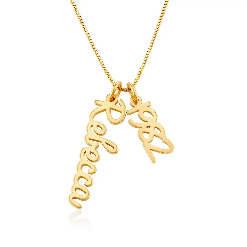 Personalized Custom Necklace Women Men Vertical Name with Year Number Necklace in Cursive Gold Stainless Steel Box Chain Jewelry