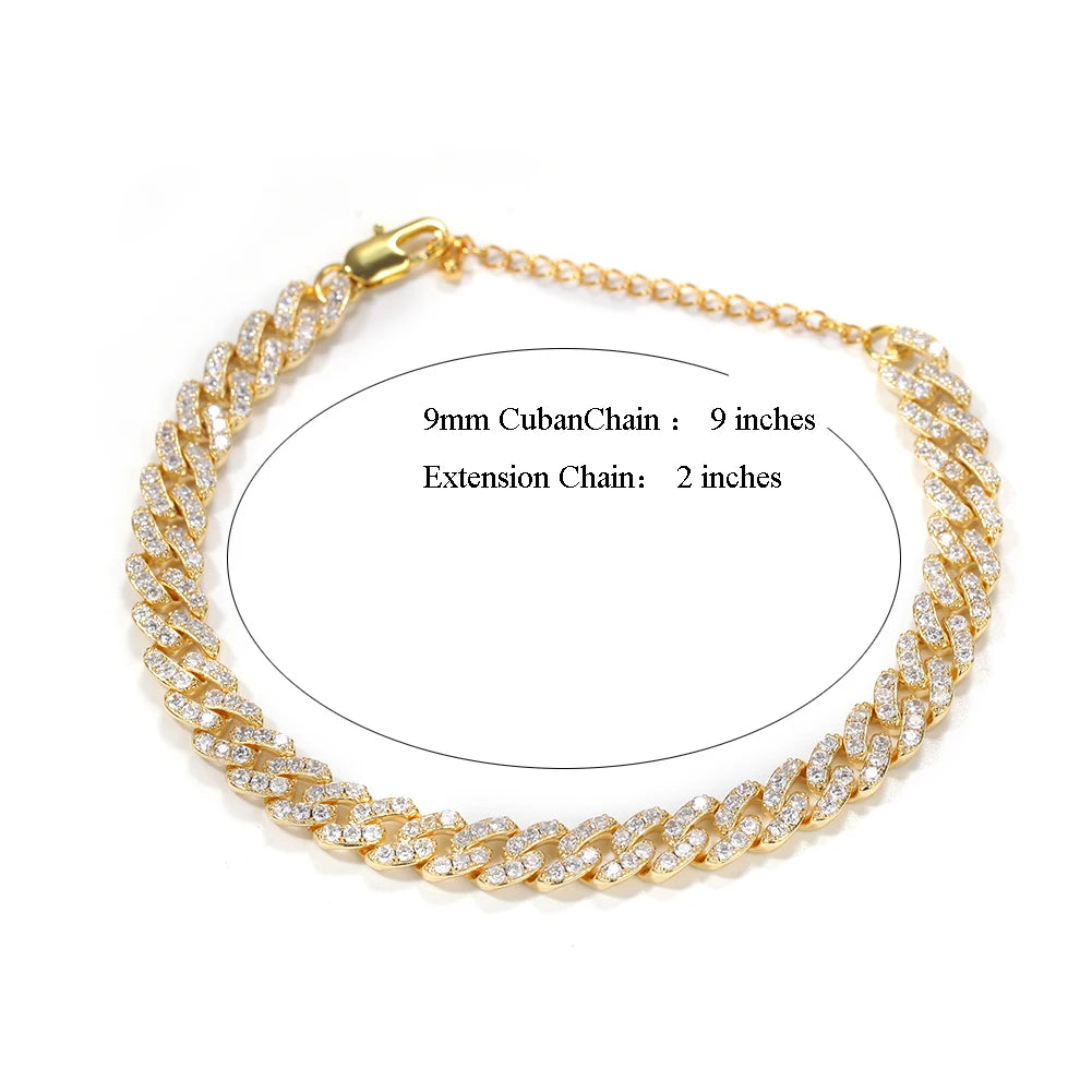UWIN 9mm Iced Out Cuban Link Anklet Plus 2inch Extension Chain Zircon Hip Hop Fashion Punk Chain Bling Bling Charms Jewelry