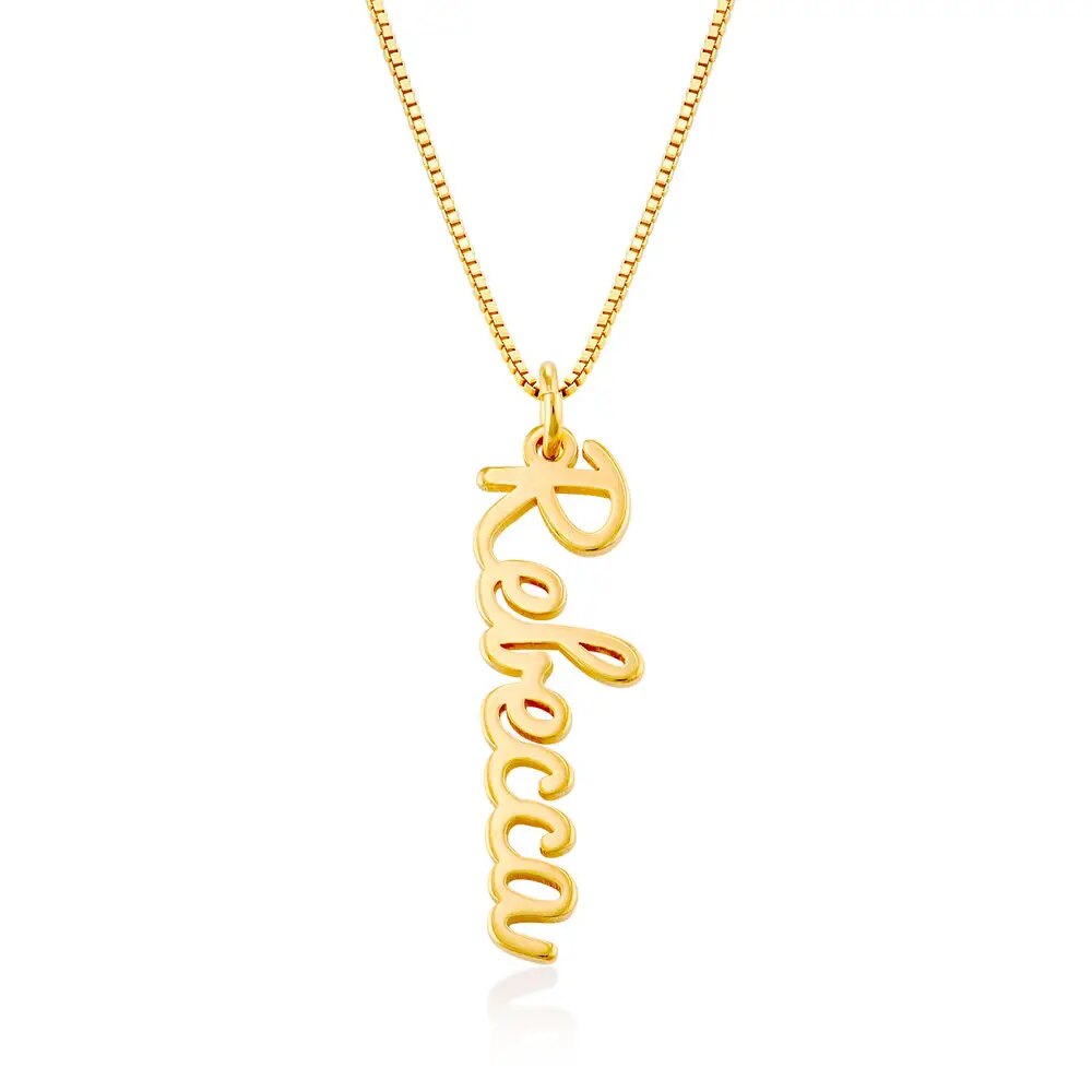 Personalized Custom Necklace Women Men Vertical Name with Year Number Necklace in Cursive Gold Stainless Steel Box Chain Jewelry