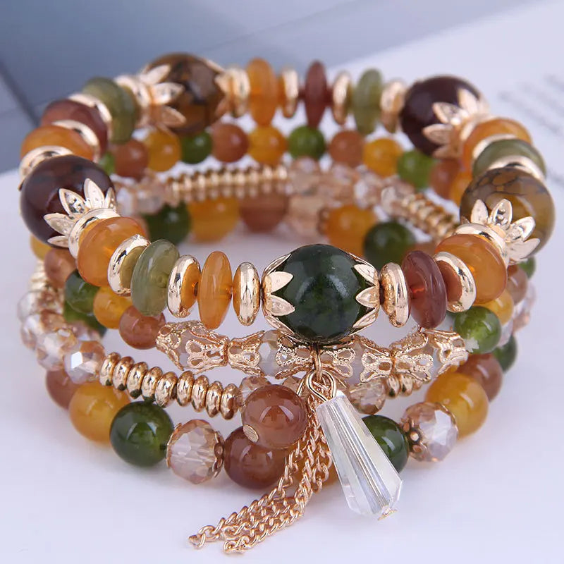 DIEZI Korean Trendy Multicolor Green Crystal Beads Rope Bracelets Women Girls Elastic Tassel Wrap Bracelet Pulseira Feminina