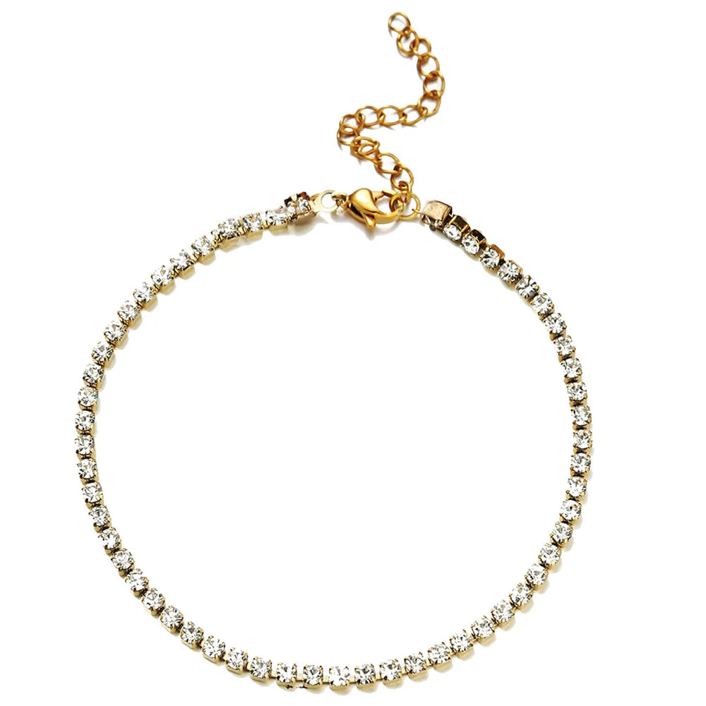 Stainless Steel Rhinestone Crystal Foot Chain Tennis Anklet For Women Summer Yoga Leg Chain Anklets Beach Foot Jewelry