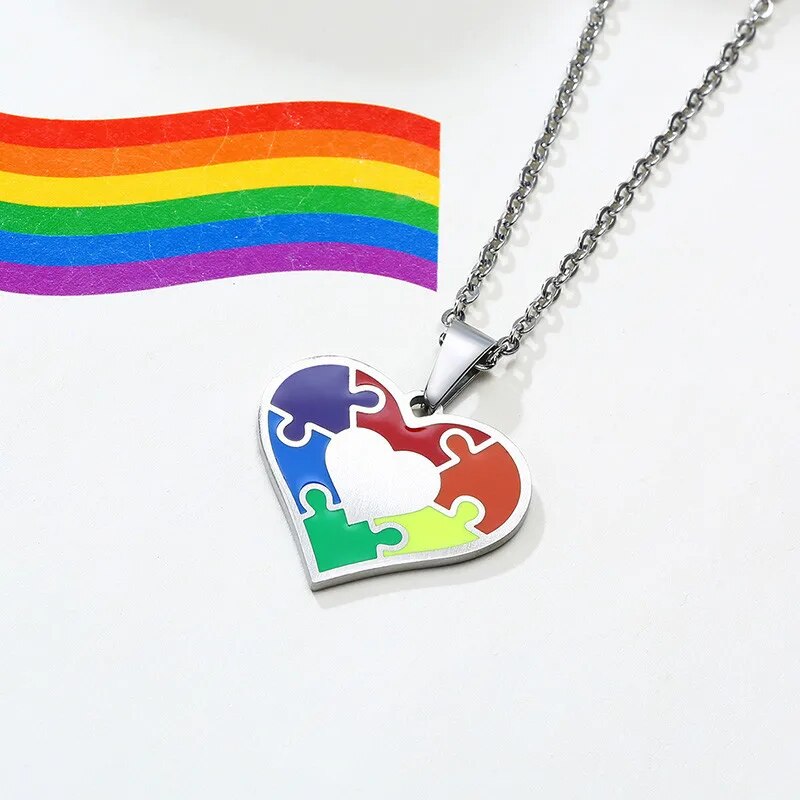Modyle New Fashion Silver Color Stainless Steel Heart Pendant Necklace Rainbow Gay Lesbian LGBT Pride Wedding Jewelry