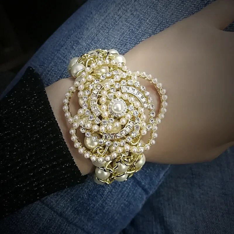 Luxury Handmade Elastic Pearl Crystal Camellia Flower Bangle Bracelet