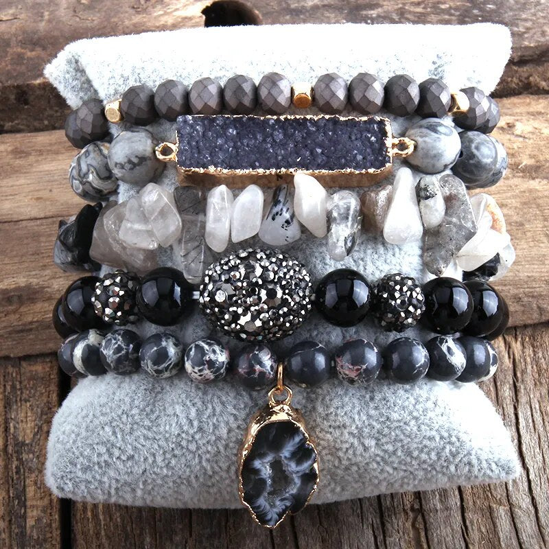 RH New Designer Fashion Red Beaded Natural Stone Druzy Drop Charms 5pc Bracelets Sets For Women Jewelry DropShip