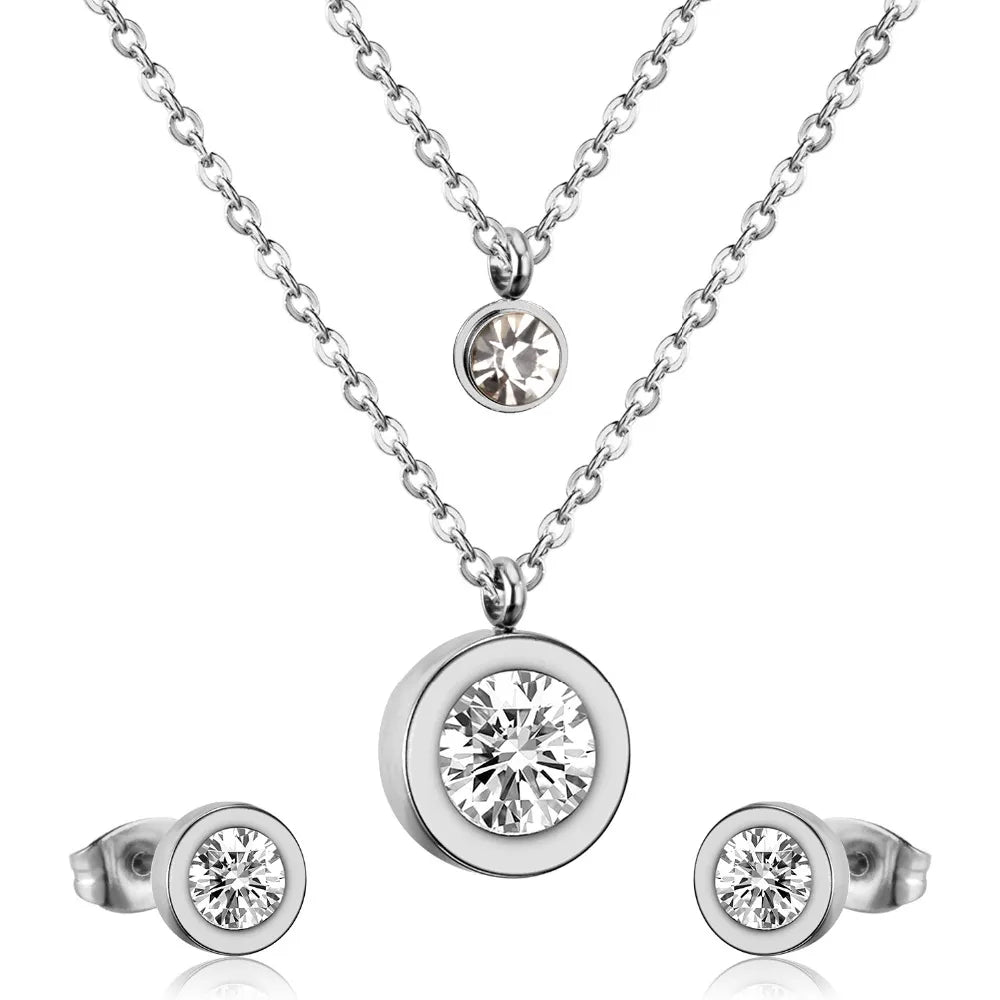 LUXUSTEEL Cubic Zirconia Jewelry Sets Stainless Steel Double Round Pendant Necklace Earring Sets Female Chain Jewelry Bijoux