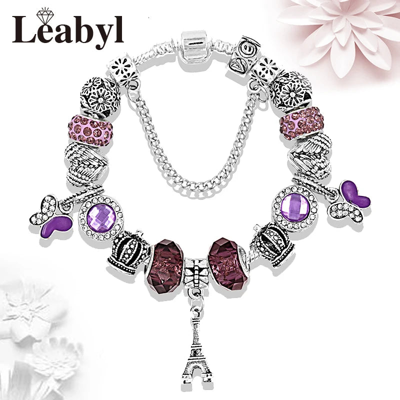Silver Color Eiffel Tower Crown Charm Bracelet Cute Butterfly Pendant Bead Bracelets & Bangles Diy Jewelry Gift
