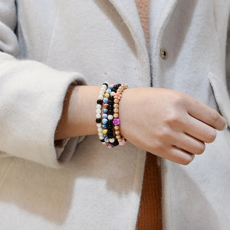 BOJIU 6mm Cute Imitation Pearl Flower Charm Bracelet For Women Trendy Black Brown White Bead Bracelet Best Girl Party Gift BC242