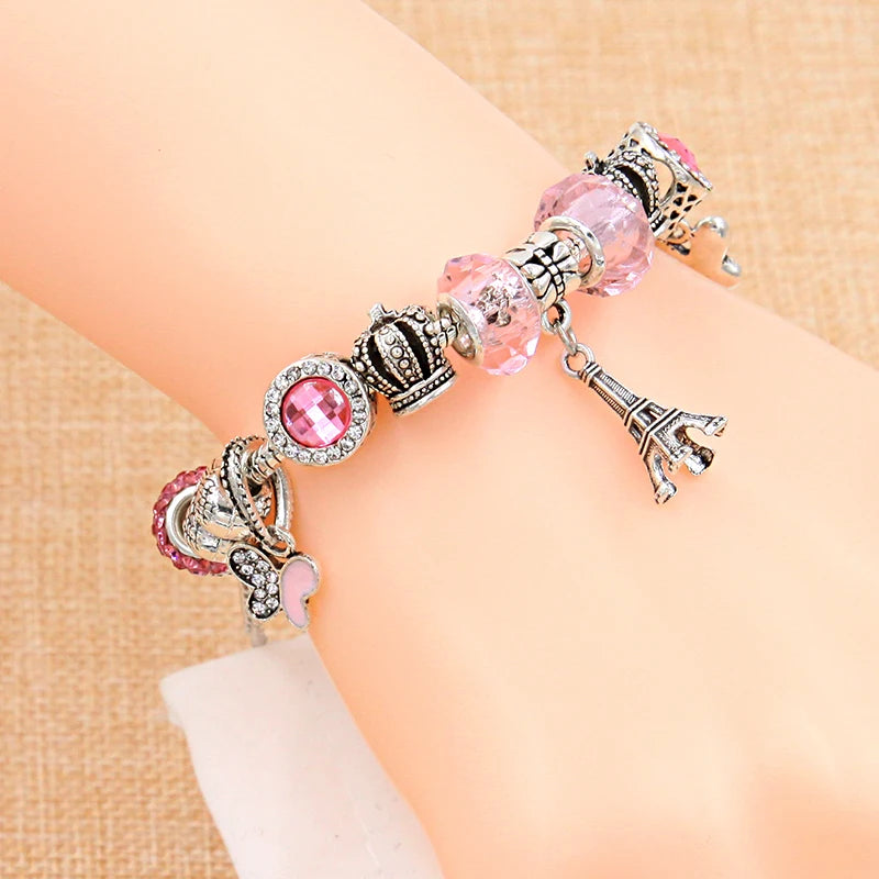 Silver Color Eiffel Tower Crown Charm Bracelet Cute Butterfly Pendant Bead Bracelets & Bangles Diy Jewelry Gift