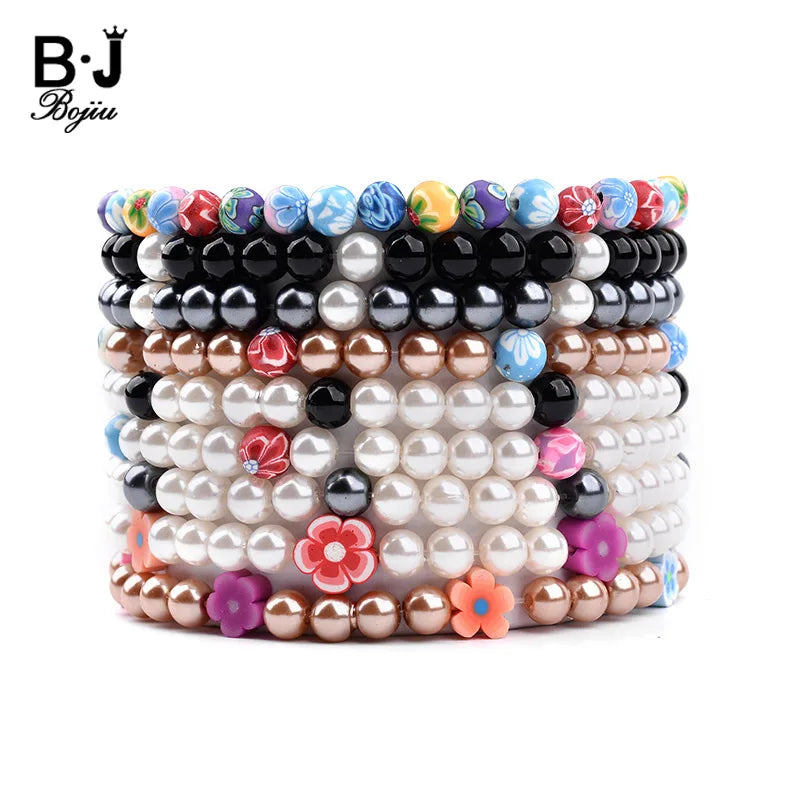 BOJIU 6mm Cute Imitation Pearl Flower Charm Bracelet For Women Trendy Black Brown White Bead Bracelet Best Girl Party Gift BC242