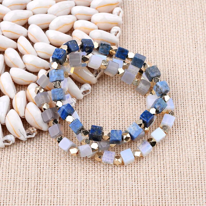 BOJIU Hot Natural Square Stone Bracelet For Women Gold-color Copper Nuggets Opal Lava Dalmation Jaspers Amazonite Bracelet BC277