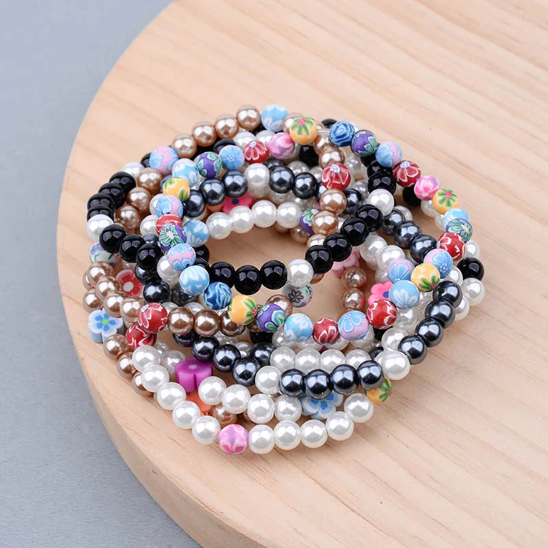 BOJIU 6mm Cute Imitation Pearl Flower Charm Bracelet For Women Trendy Black Brown White Bead Bracelet Best Girl Party Gift BC242