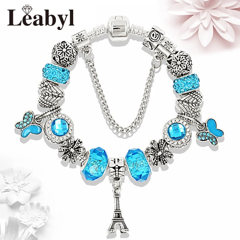 Silver Color Eiffel Tower Crown Charm Bracelet Cute Butterfly Pendant Bead Bracelets & Bangles Diy Jewelry Gift