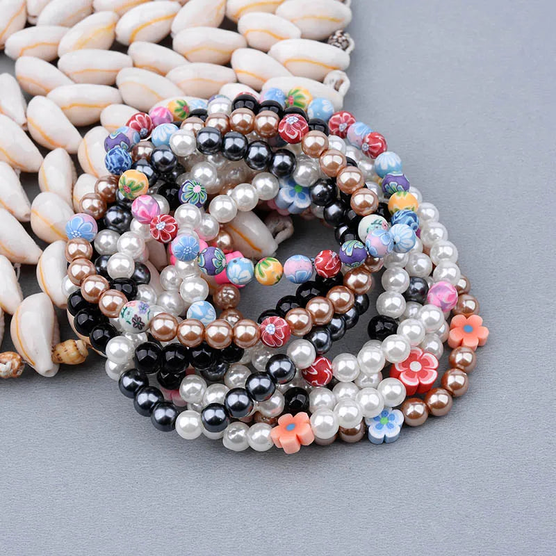 BOJIU 6mm Cute Imitation Pearl Flower Charm Bracelet For Women Trendy Black Brown White Bead Bracelet Best Girl Party Gift BC242