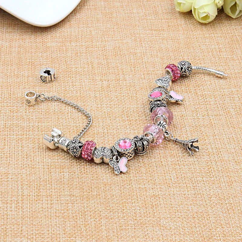 Silver Color Eiffel Tower Crown Charm Bracelet Cute Butterfly Pendant Bead Bracelets & Bangles Diy Jewelry Gift