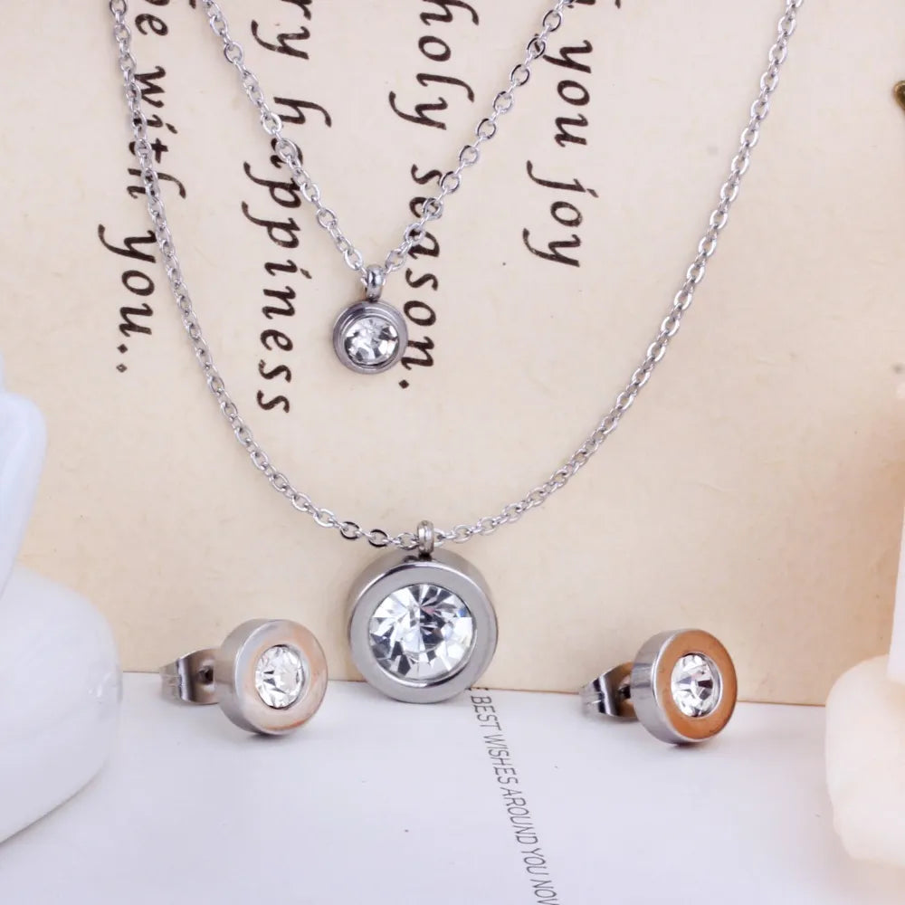 LUXUSTEEL Cubic Zirconia Jewelry Sets Stainless Steel Double Round Pendant Necklace Earring Sets Female Chain Jewelry Bijoux