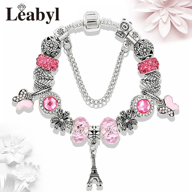 Silver Color Eiffel Tower Crown Charm Bracelet Cute Butterfly Pendant Bead Bracelets & Bangles Diy Jewelry Gift
