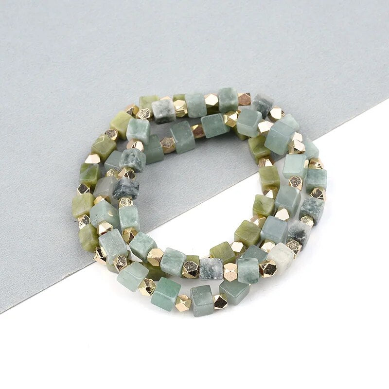 BOJIU Hot Natural Square Stone Bracelet For Women Gold-color Copper Nuggets Opal Lava Dalmation Jaspers Amazonite Bracelet BC277