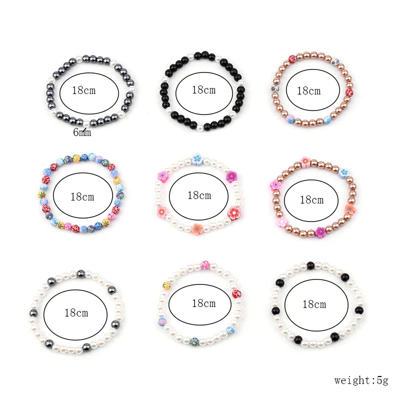 BOJIU 6mm Cute Imitation Pearl Flower Charm Bracelet For Women Trendy Black Brown White Bead Bracelet Best Girl Party Gift BC242