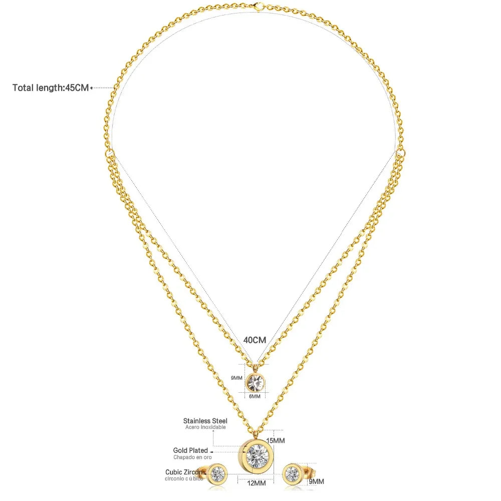 LUXUSTEEL Cubic Zirconia Jewelry Sets Stainless Steel Double Round Pendant Necklace Earring Sets Female Chain Jewelry Bijoux