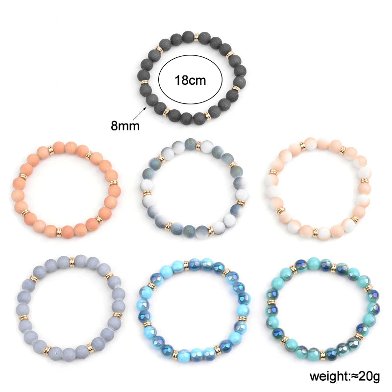 7 Colors Elastic Glass Beads Bracelets For Women Gold Plastic Rondelle Spacer 8mm Matte & Smooth Glass Bead Bracelet Femme BC304