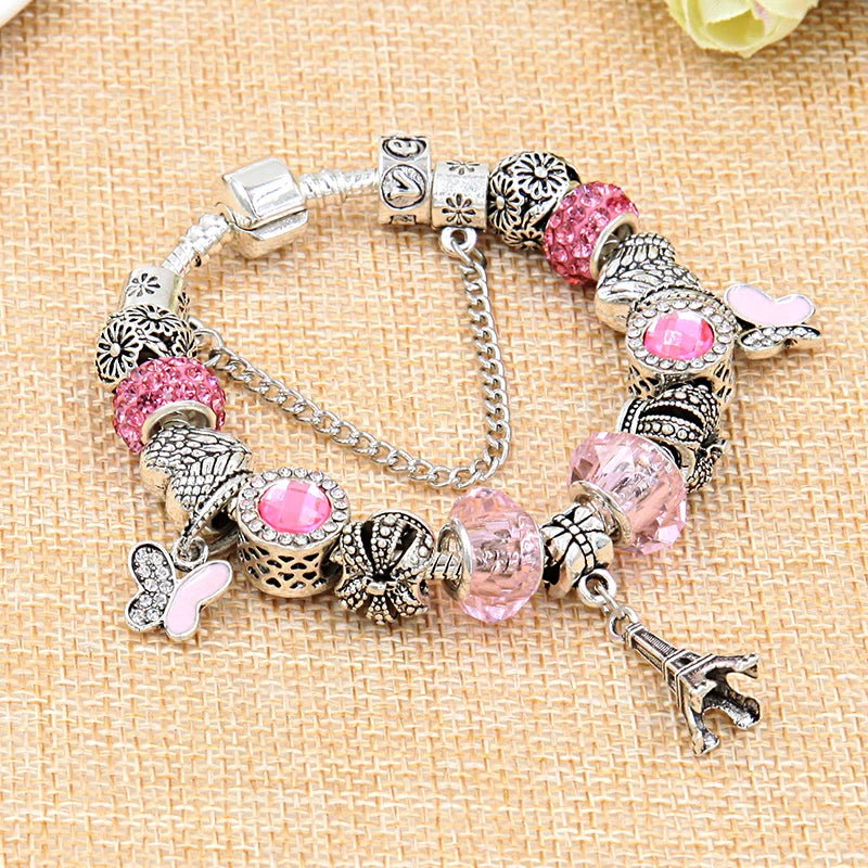 Silver Color Eiffel Tower Crown Charm Bracelet Cute Butterfly Pendant Bead Bracelets & Bangles Diy Jewelry Gift