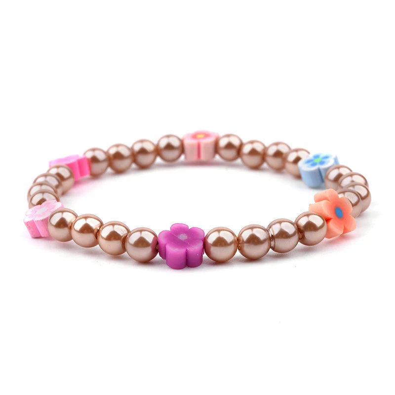 BOJIU 6mm Cute Imitation Pearl Flower Charm Bracelet For Women Trendy Black Brown White Bead Bracelet Best Girl Party Gift BC242