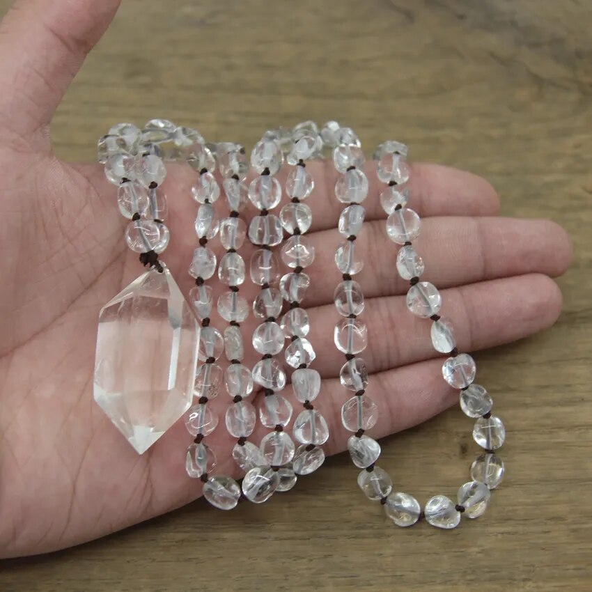 Natural Quartz Double Point Pendants Crystal Nugget Chip Beads Knotted Handmade Necklace