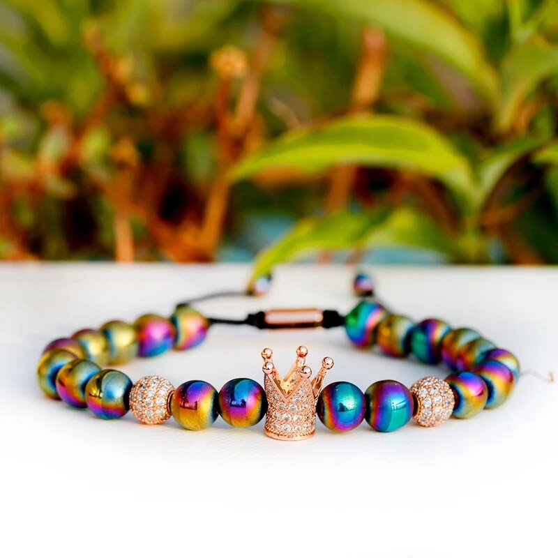 Luxury Colorful Hematite Crown Copper Bracelet Men Fashion Handmade White Zircon Beads Bracelet For Women Dropshipping