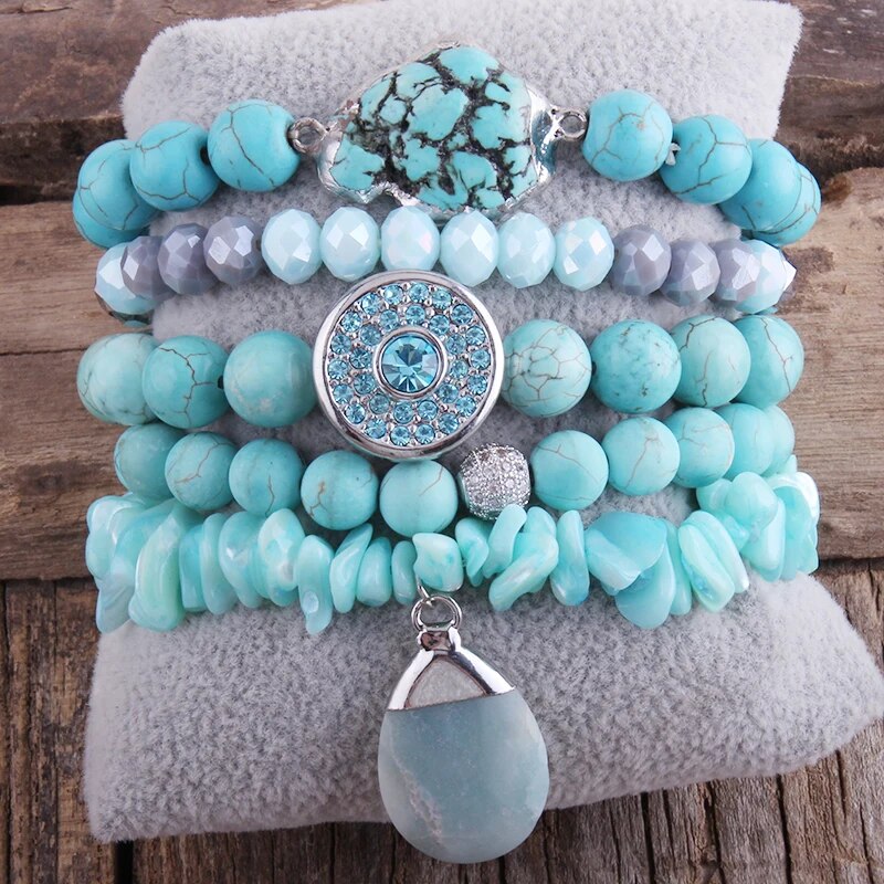 RH New Designer Fashion Red Beaded Natural Stone Druzy Drop Charms 5pc Bracelets Sets For Women Jewelry DropShip