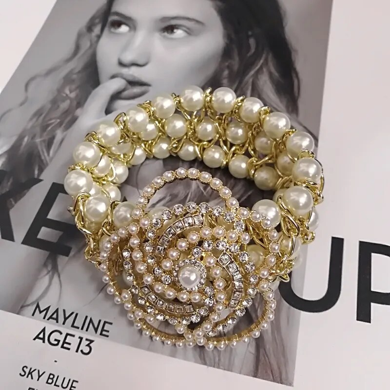 Luxury Handmade Elastic Pearl Crystal Camellia Flower Bangle Bracelet