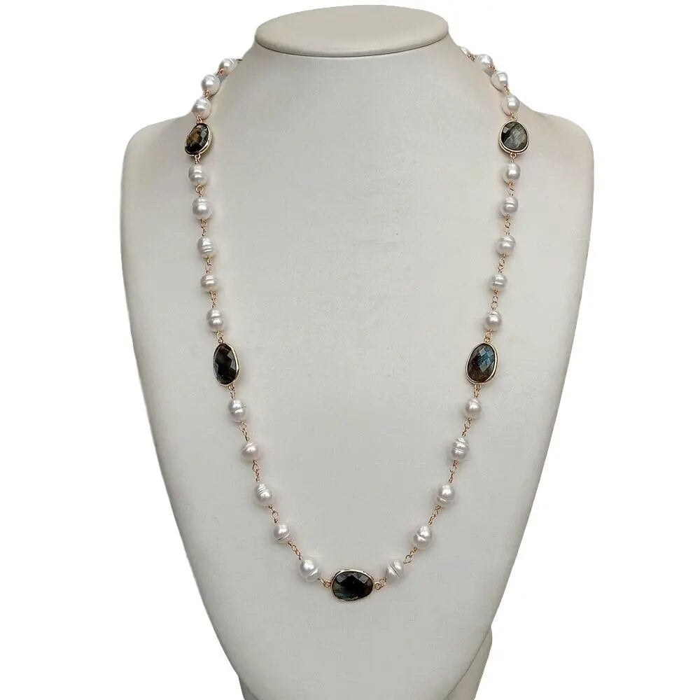 natural White Rice freshwater Pearl Rosary Chain Pear Set sweater chain Wrap Necklace