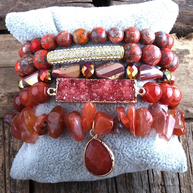 RH New Designer Fashion Red Beaded Natural Stone Druzy Drop Charms 5pc Bracelets Sets For Women Jewelry DropShip