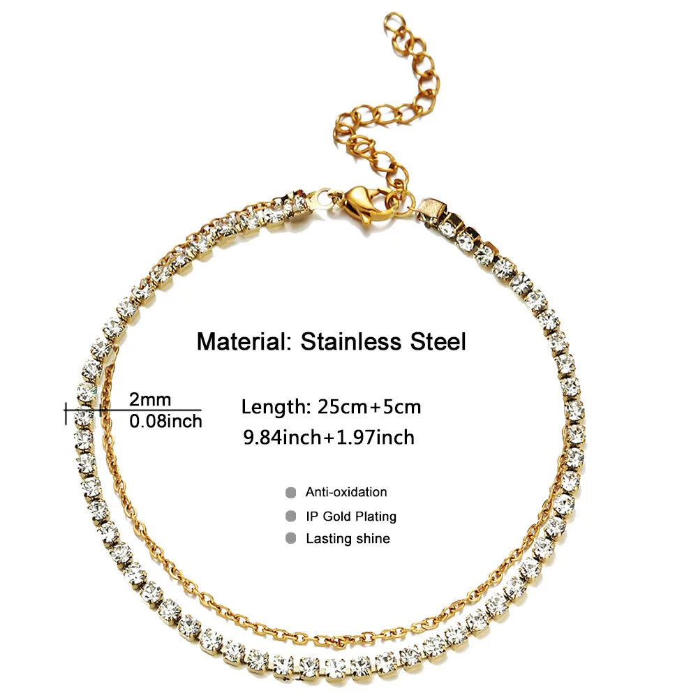 Stainless Steel Rhinestone Crystal Foot Chain Tennis Anklet For Women Summer Yoga Leg Chain Anklets Beach Foot Jewelry
