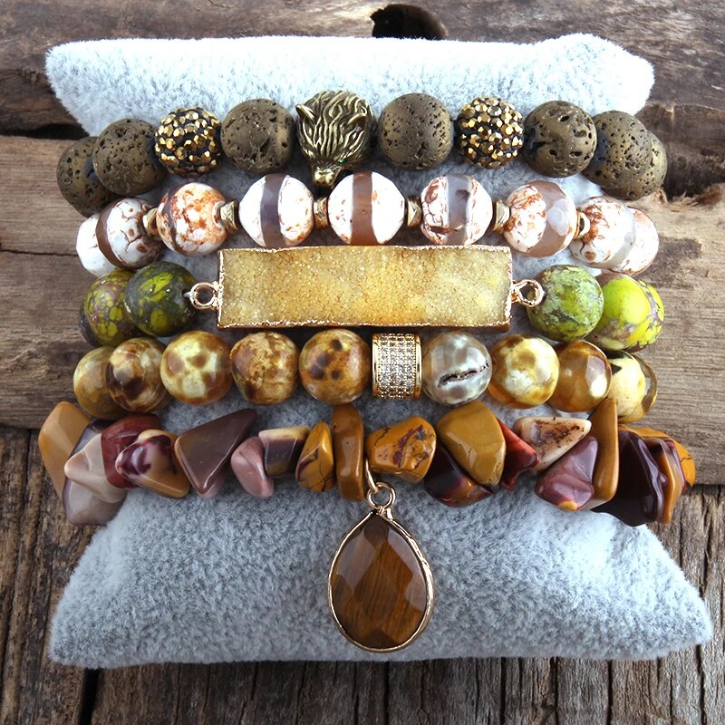 RH New Designer Fashion Red Beaded Natural Stone Druzy Drop Charms 5pc Bracelets Sets For Women Jewelry DropShip