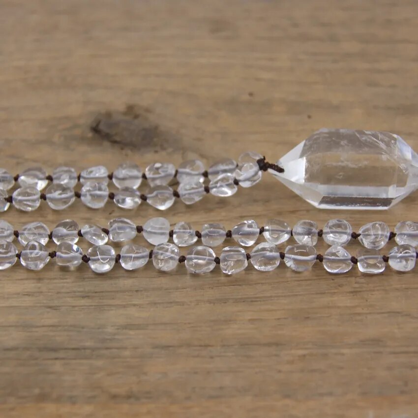 Natural Quartz Double Point Pendants Crystal Nugget Chip Beads Knotted Handmade Necklace